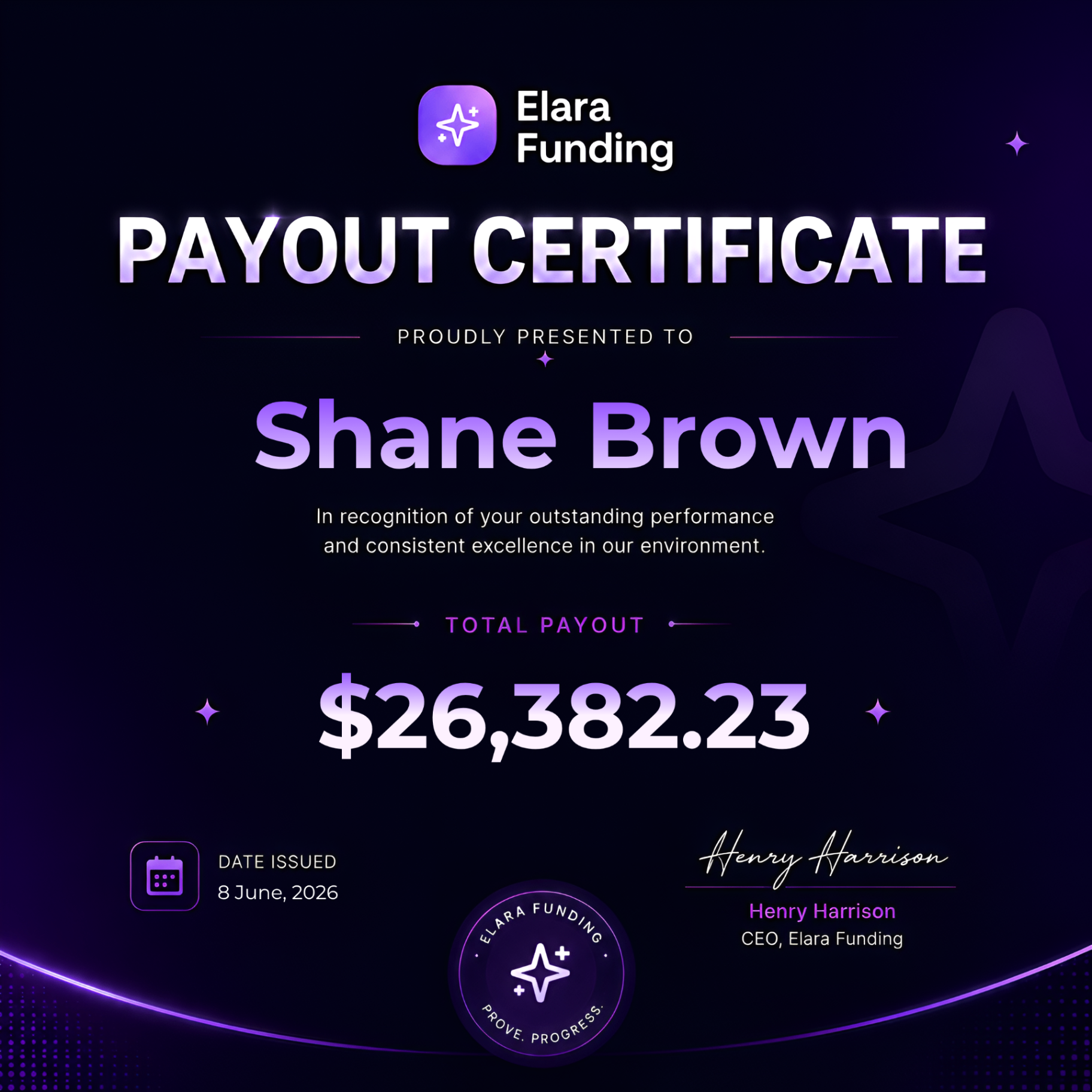 Payout Certificate - Shane Brown $26,382.23