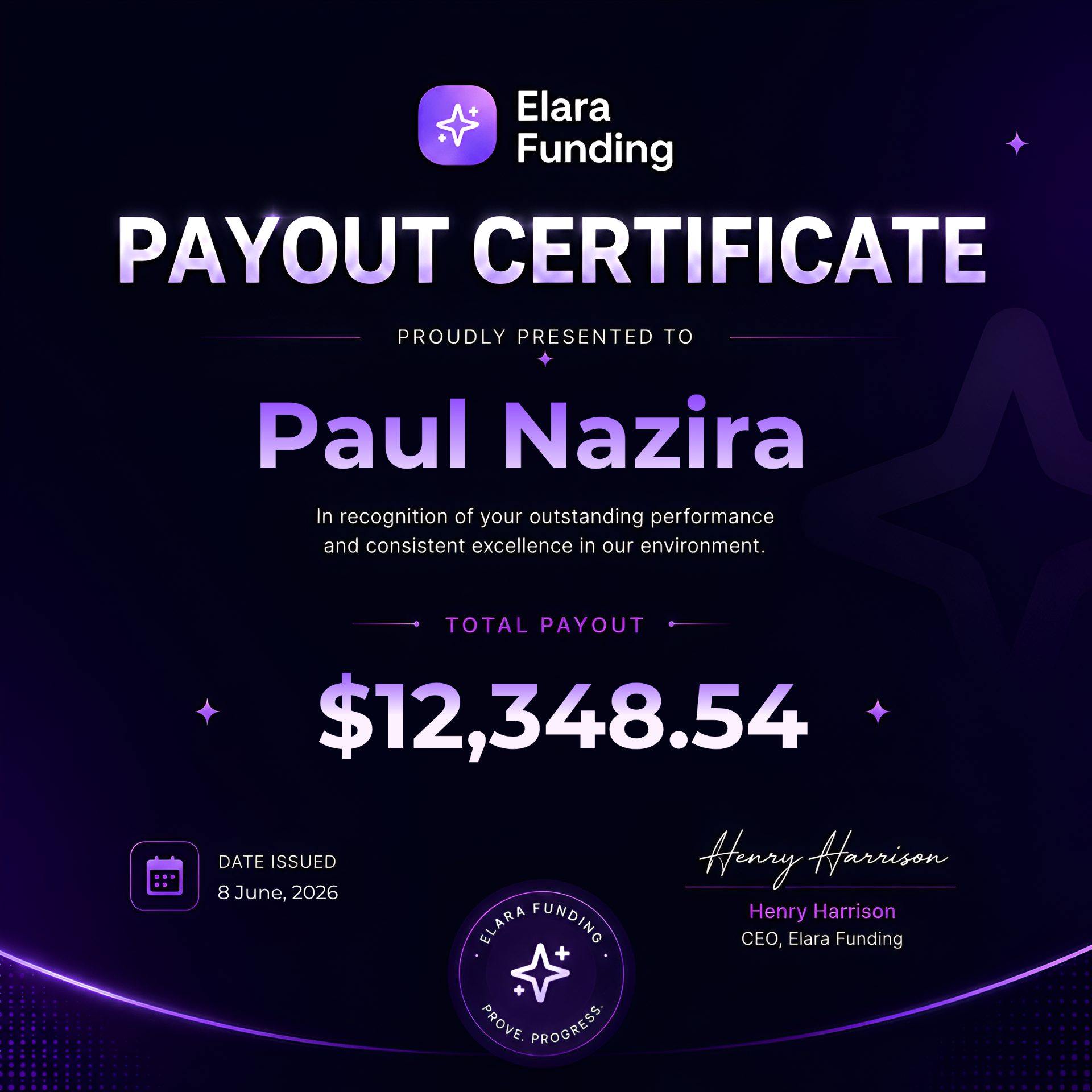 Payout Certificate - Paul Nazira $12,348.54